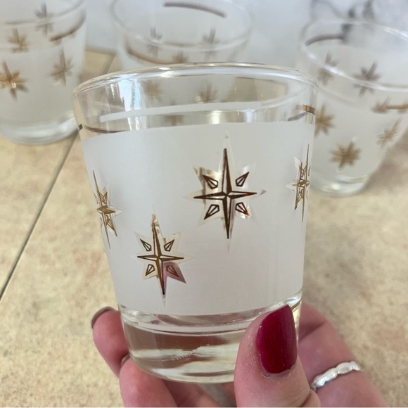 Vintage MCM Dominion Atomic Starburst Frosted Tumbler Glasses Set of 4 - Picture 5 of 10